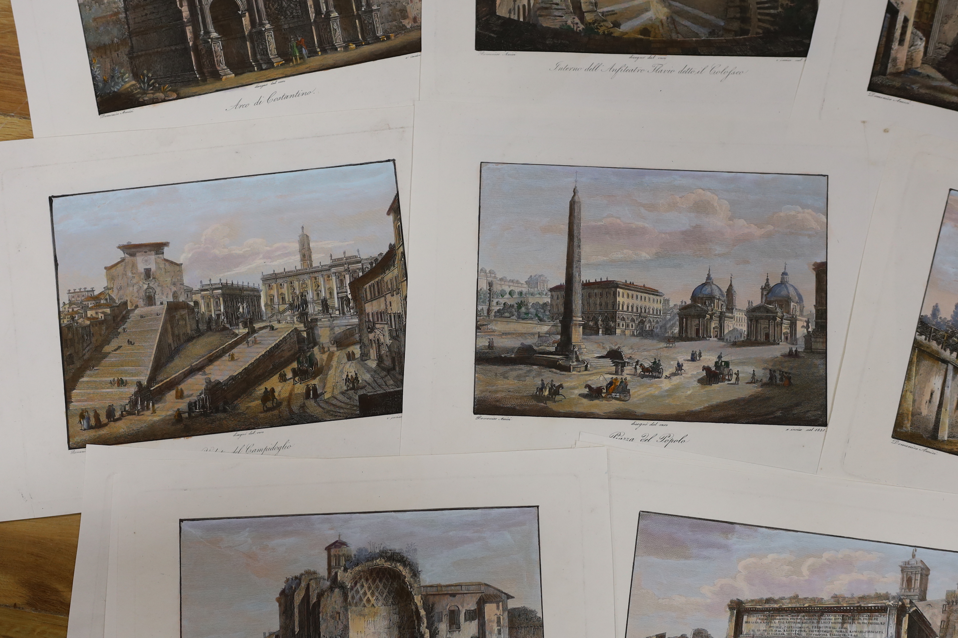 After Domenico Amici (Italian, b.1808), set of sixteen hand-coloured copper engravings, Italian monuments, each 33 x 25cm, unframed, housed in a leather wallet